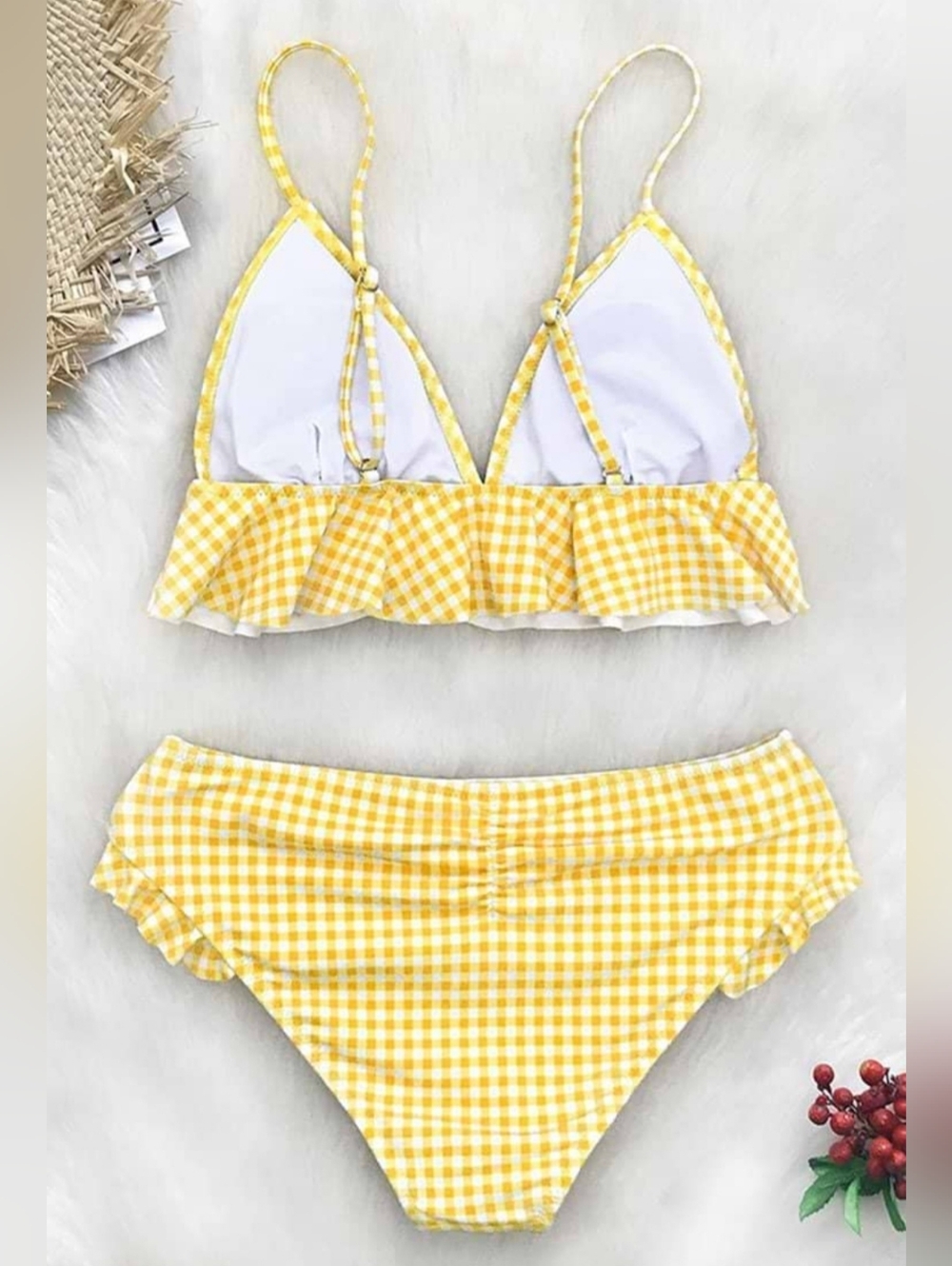 CUPSHE Yellow Gingham Ruffle Bikini Set L - Picture 10 of 11
